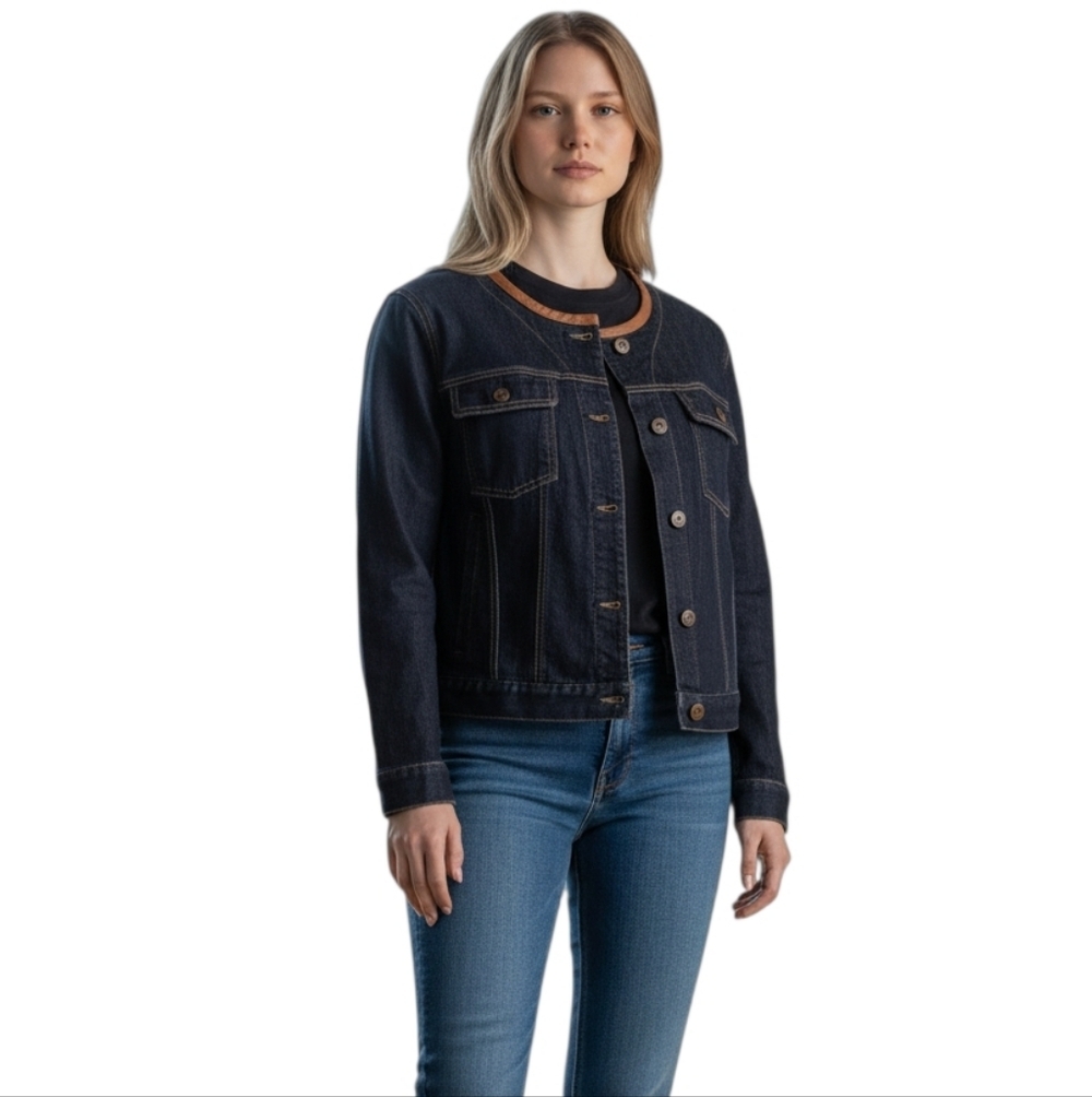 Lauren Ralph Lauren Collarless Button Front Moto Denim Jacket Dark Wash Large